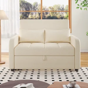 Converteerbare bank met armleuningen en verstelbare rugleuning – beige linnen – voor woon- en slaapkamers Converteerbare bank met armleuningen en verstelbare rugleuning – beige linnen – voor woon- en slaapkamers