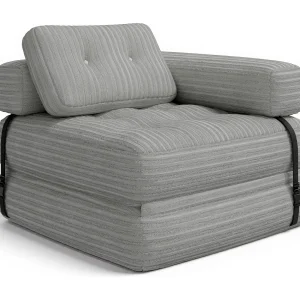 Convertibele L-vormige 1-persoons fauteuil-bed sofa in lichtgrijs kordfluweel met een lange kussen van 85 x 85 cm Convertibele L-vormige 1-persoons fauteuil-bed sofa in lichtgrijs kordfluweel met een lange kussen van 85 x 85 cm