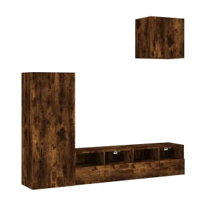 Brynir  4-delige Tv-wandmeubelset bewerkt hout gerookt eikenkleurig