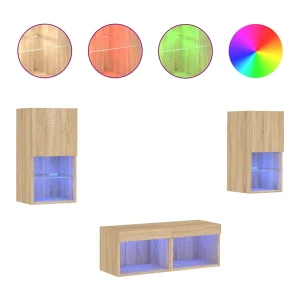 Cecilia Fernanda 4-delige Tv-wandmeubelset met LED-verlichting sonoma eikenkleur Cecilia Fernanda 4-delige Tv-wandmeubelset met LED-verlichting sonoma eikenkleur