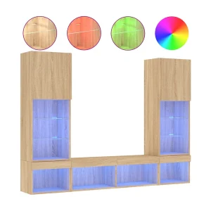 Claire-Anne-Élise  5-delige Tv-wandmeubelset met LED bewerkt hout sonoma eiken