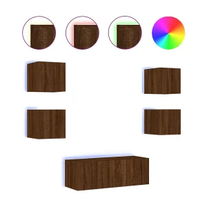 Doylestown  6-delige Tv-wandmeubelset met LED bewerkt hout bruineikenkleur