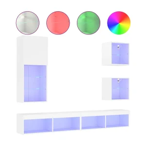 Brooklyn Center  5-delige Tv-wandmeubelset met LED-verlichting bewerkt hout wit