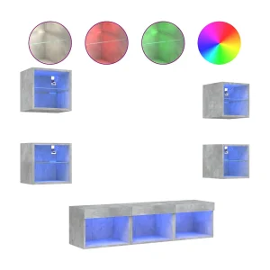 Coolgreany  7-delige Tv-wandmeubelset met LED bewerkt hout betongrijs