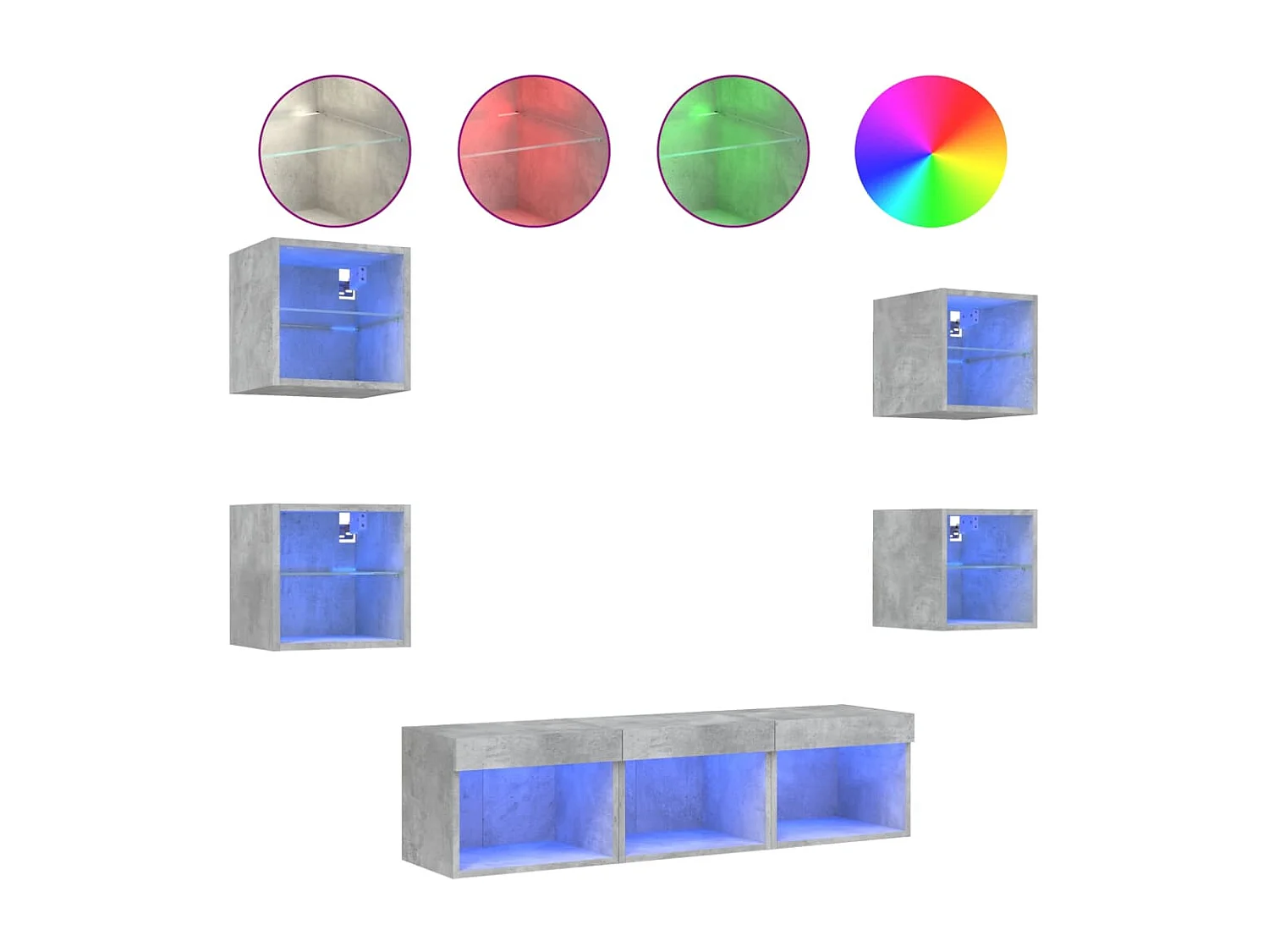 Coolgreany 7-delige Tv-wandmeubelset met LED bewerkt hout betongrijs
