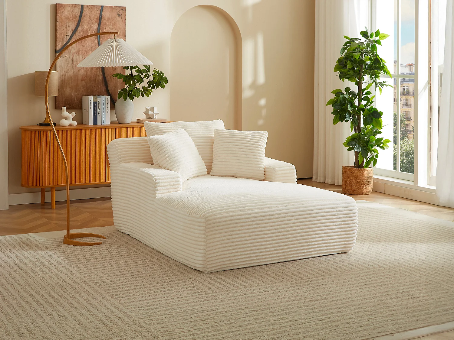 Beige ribfluwelen chaise longue met brede ribbels DONILIA
