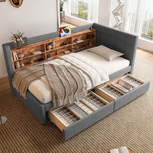 Daybed 90×200 cm, Sofa-Bed met 2 Lades, USB + Type C, Meerdere Compartimenten, Lattenbodem (zonder Matras), Linnen, Grijs