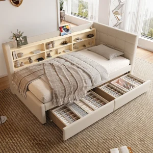 Daybed 90×200 cm, Sofa-Bed met 2 Lades, USB + Type C, Meerdere Compartimenten, Lattenbodem (zonder Matras), Linnen, Beige