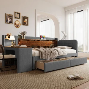 Daybed 90×200 cm, Sofa-Bed met 2 Lades, Bureau, USB + Type C, Flip Top Opbergvak, Lattenbodem (zonder Matras), Linnen, Grijs