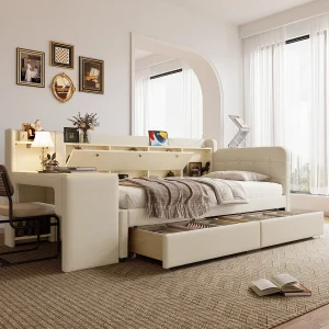 Daybed 90×200 cm, Sofa-Bed met 2 Lades, Bureau, USB + Type C, Flip Top Opbergvak, Lattenbodem (zonder Matras), Linnen, Beige