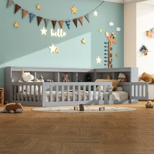 Daybed 90×200 cm, Sofa-Bed met Zijdelingse Opbergruimte, Lattenbodem (zonder Matras), Beveiligingsrail, Spaanplaat, Stopcontact + USB, Grijs