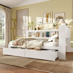 Daybed 140×200 cm, Sofa-Bed met Twee Lades, Elektrische Stopcontacten en 2 USB-poorten, met Lattenbodem (zonder Matras), Spaanplaat, Wit
