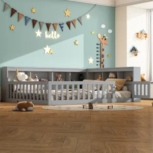 Daybed 140×190 cm, Sofa-Bed met Zijdelingse Opbergruimte, Lattenbodem (zonder Matras), Beveiligingsrail, Spaanplaat, Stopcontact + USB, Grijs Daybed 140×190 cm, Sofa-Bed met Zijdelingse Opbergruimte, Lattenbodem (zonder Matras), Beveiligingsrail, Spaanplaat, Stopcontact + USB, Grijs