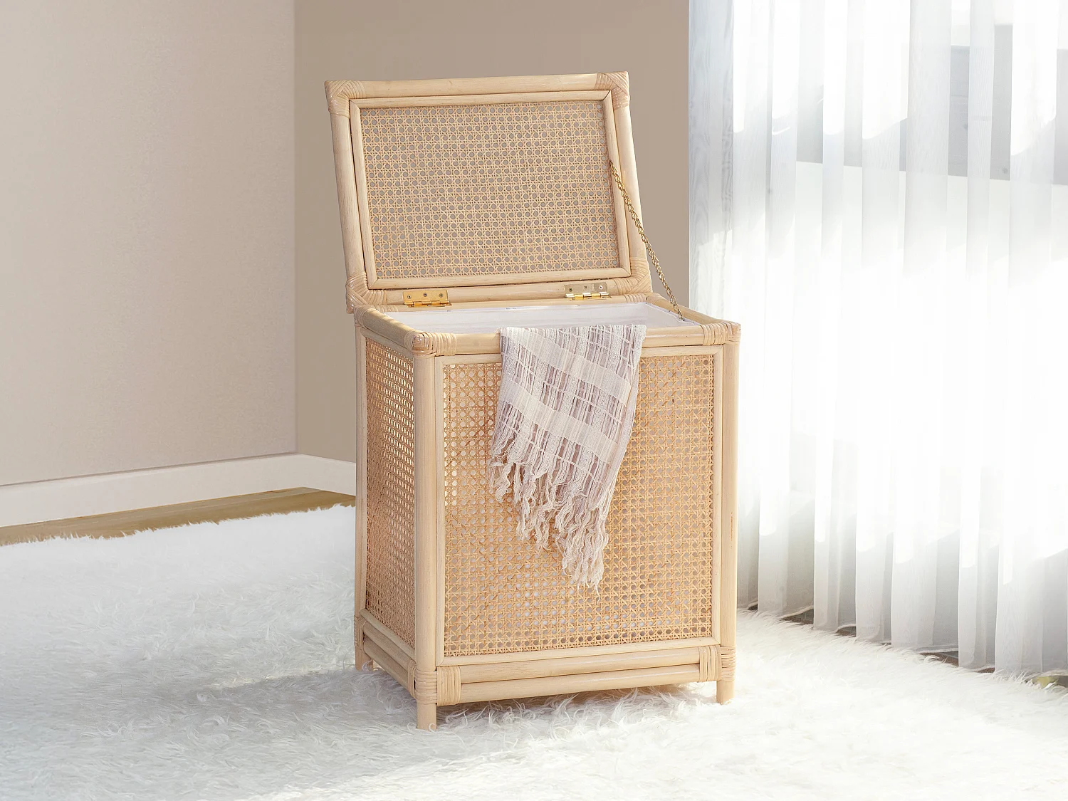 Rieten wasmand met webbing en deksel, L. 45 x B. 33 x H. 56 cm, Naturel, CALYMA