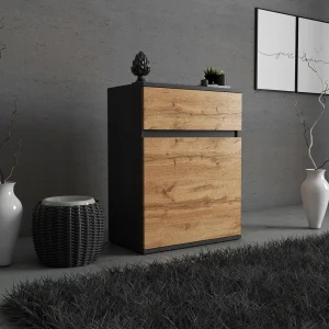 Design commode Zwart + Wotan eiken met lade en deur – 60 × 35 × 78 cm – loftstijl Design commode Zwart + Wotan eiken met lade en deur – 60 × 35 × 78 cm – loftstijl