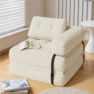 Convertibele canapé-stoelbed 1-persoons L-vormig Wit Kordelend Fluweel Lange Kussen 85 x 85 cm Convertibele canapé-stoelbed 1-persoons L-vormig Wit Kordelend Fluweel Lange Kussen 85 x 85 cm