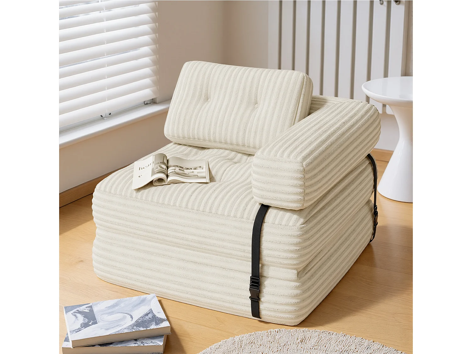 Convertibele canapé-stoelbed 1-persoons L-vormig Wit Kordelend Fluweel Lange Kussen 85 x 85 cm