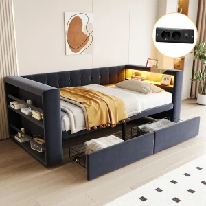 Donkergrijs slaapbankje 90x190cm met 2 lades, ledverlichting en stopcontact, zonder matras Donkergrijs slaapbankje 90x190cm met 2 lades, ledverlichting en stopcontact, zonder matras