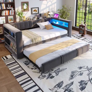 Daybed 90/180 x 190 cm met LED-verlichting, stopcontact en opbergruimte, donkergrijs flanel Daybed 90/180 x 190 cm met LED-verlichting, stopcontact en opbergruimte, donkergrijs flanel