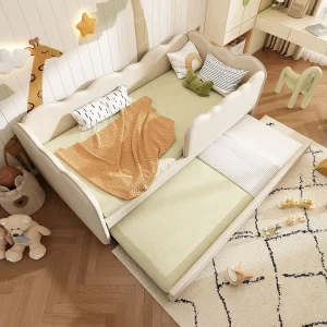 Dagbed 90x190cm met uitschuifbed 90x190cm, wolkvorm, beige linnen stof