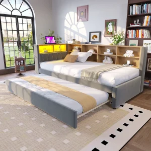 Donkergrijs slaapbank 90x200cm met uitschuifbed 90x190cm, LED-verlichting, stopcontacten en opbergruimte, flanel Donkergrijs slaapbank 90x200cm met uitschuifbed 90x190cm, LED-verlichting, stopcontacten en opbergruimte, flanel