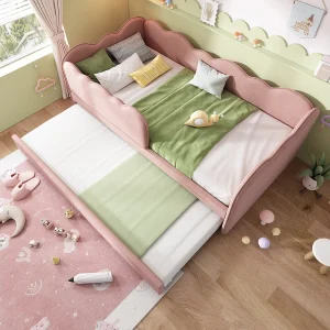 Dagbed 90x190cm met uitschuifbed 90x190cm, wolkvorm, roze linnen stof