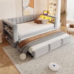 Daybed 90/180 x 190 cm met LED-verlichting, stopcontact en opbergruimte, lichtgrijs flanel Daybed 90/180 x 190 cm met LED-verlichting, stopcontact en opbergruimte, lichtgrijs flanel