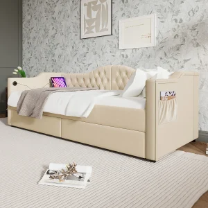 Daybed 90×200 cm van fluweel in beige met 2 lades en USB/Type-C aansluiting Daybed 90×200 cm van fluweel in beige met 2 lades en USB/Type-C aansluiting