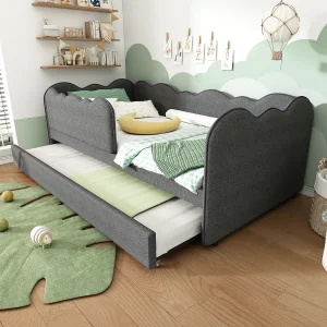 Daybed 90×190 cm van linnen in grijs met uitschuifbed en lattenbodem Daybed 90×190 cm van linnen in grijs met uitschuifbed en lattenbodem