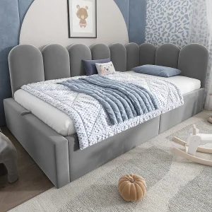 Daybed 90×200 cm van fluweel en metaal, grijs, met hydraulische opbergruimte Daybed 90×200 cm van fluweel en metaal, grijs, met hydraulische opbergruimte