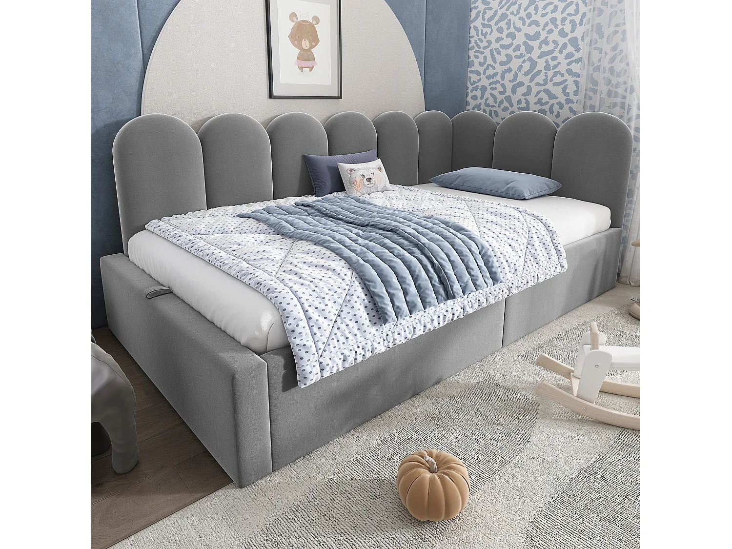 Daybed 90x200 cm van fluweel en metaal, grijs, met hydraulische opbergruimte