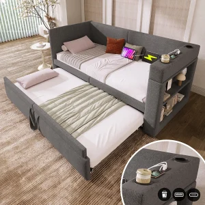 Daybed slaapbank 90×200 cm van katoen-linnenmix, grijs, met uitschuifbed en USB/Type-C Daybed slaapbank 90×200 cm van katoen-linnenmix, grijs, met uitschuifbed en USB/Type-C