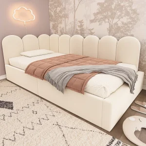Daybed 90×190 cm van fluweel, beige, met hydraulische opbergruimte en metalen lattenbodem Daybed 90×190 cm van fluweel, beige, met hydraulische opbergruimte en metalen lattenbodem