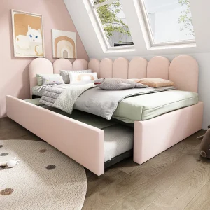 Daybed 90×200 cm van fluweel (roze) met uitschuifbed 90×190 cm en lattenbodem Daybed 90×200 cm van fluweel (roze) met uitschuifbed 90×190 cm en lattenbodem