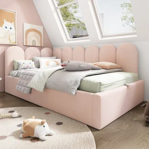 Daybed 90×190 cm van fluweel in roze met hydraulische opbergruimte en metalen lattenbodem Daybed 90×190 cm van fluweel in roze met hydraulische opbergruimte en metalen lattenbodem