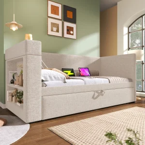 Daybed/slaapbank 98x207x74 cm van katoen-linnen in beige, met uitschuifbed 90×190 cm en USB/Type-C Daybed/slaapbank 98x207x74 cm van katoen-linnen in beige, met uitschuifbed 90×190 cm en USB/Type-C