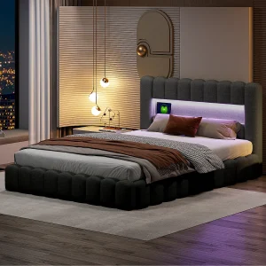 Design opbergbed in antracietgrijze stof, boomstam-stijl, met hydraulische steunen, RGB LED-hoofdbord en USB/Type-C-aansluitingen – 180×200 cm