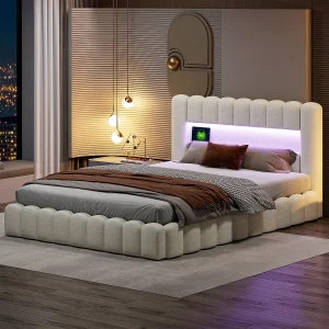 Designbed met opbergruimte in beige boomstamstof met hydraulische steunen, RGB LED-hoofdbord en USB/Type-C-aansluitingen – 140×200 cm Designbed met opbergruimte in beige boomstamstof met hydraulische steunen, RGB LED-hoofdbord en USB/Type-C-aansluitingen – 140×200 cm