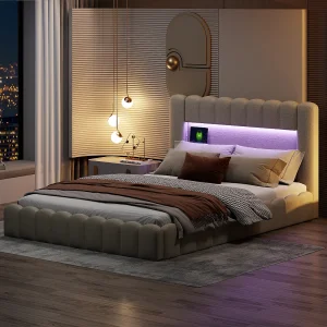 Designbed met opbergruimte in beige boomstamstof met hydraulische steunen, RGB LED-hoofdbord en USB/Type-C-aansluitingen – 180×200 cm Designbed met opbergruimte in beige boomstamstof met hydraulische steunen, RGB LED-hoofdbord en USB/Type-C-aansluitingen – 180×200 cm