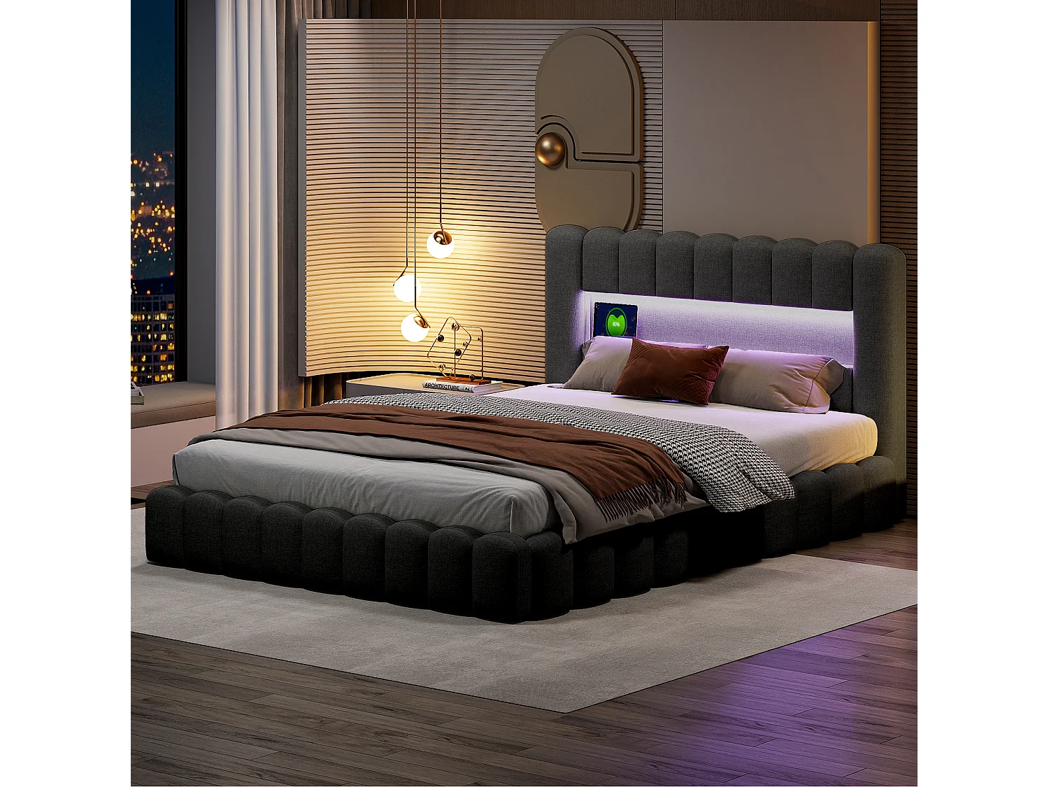 Designbed met opbergruimte in antracietgrijze stof, boomstam-stijl, met hydraulische steunen, RGB LED-hoofdbord en USB/Type-C-aansluitingen – 140x200 cm