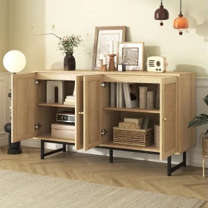 Buffetkast met 4 rotandeuren, zwarte poten, naturel 140 x 39,5 x 80 cm.