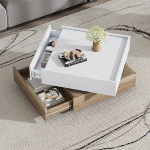 Draaibare salontafel 60x60x38cm 360° draaibaar 2 lagen opbergruimte wit frame moderne woonkamer Draaibare salontafel 60x60x38cm 360° draaibaar 2 lagen opbergruimte wit frame moderne woonkamer
