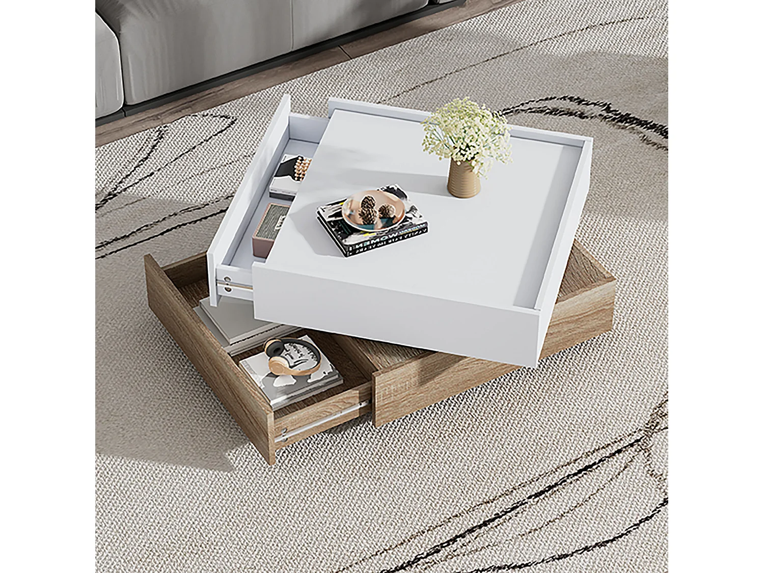 Draaibare salontafel 60x60x38cm 360° draaibaar 2 lagen opbergruimte wit frame moderne woonkamer