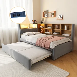 Daybed 90 x 200 cm – Uitschuifbed 90 x 190 cm met LED-verlichting en veel opbergruimte – donkergrijs flanel Daybed 90 x 200 cm – Uitschuifbed 90 x 190 cm met LED-verlichting en veel opbergruimte – donkergrijs flanel