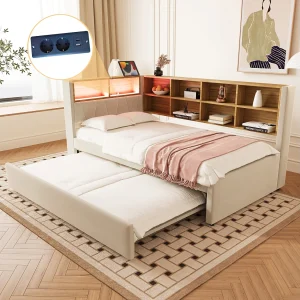 Daybed 90 x 200 cm – Uitschuifbed 90 x 190 cm met LED-verlichting en veel opbergruimte – beige flanel