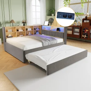 Daybed 140 x 200 cm – Uitschuifbed 90 x 190 cm met LED-verlichting en veel opbergruimte – donkergrijs flanel Daybed 140 x 200 cm – Uitschuifbed 90 x 190 cm met LED-verlichting en veel opbergruimte – donkergrijs flanel
