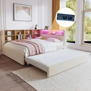 Daybed 140 x 200 cm – Uitschuifbed 90 x 190 cm met LED-verlichting en veel opbergruimte – beige flanel Daybed 140 x 200 cm – Uitschuifbed 90 x 190 cm met LED-verlichting en veel opbergruimte – beige flanel