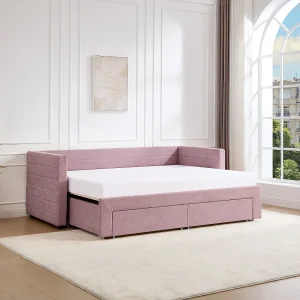 Uitschuifbed 2 x 80 x 200 cm met lattenbodem en lades in gestructureerde roze stof – CAMITY Uitschuifbed 2 x 80 x 200 cm met lattenbodem en lades in gestructureerde roze stof – CAMITY