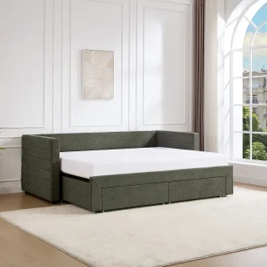 Uitschuifbed 2 x 80 x 200 cm in groene gestructureerde stof + matras – CAMITY Uitschuifbed 2 x 80 x 200 cm in groene gestructureerde stof + matras – CAMITY