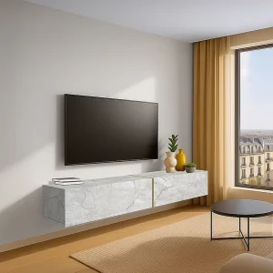 Zwevend TV-meubel met 2 deuren – Wit marmer effect – DINOMA Zwevend TV-meubel met 2 deuren – Wit marmer effect – DINOMA